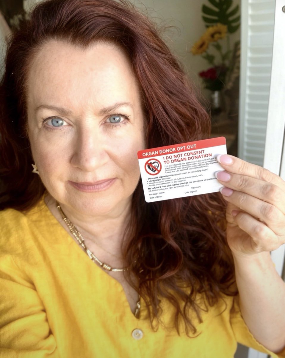 JacquiDeevoy1's tweet photo. So many people still don’t realise that in many countries you are now an organ donor by default.

Opt-out nations include Argentina, Austria, Belgium, Bulgaria, Chile, Columbia, Croatia, Czechia, England, Estonia, Finland, France, Greece, Hungary, Ireland, Italy, Latvia, Luxembourg, Malta, Montenegro, Netherlands, Northern Ireland, Nova Scotia (Canada), Poland, Portugal, Scotland, Singapore, Slovakia, Slovenia, Spain, Sweden, Uruguay and Wales.

If you live in any of these places, you’re automatically a donor unless you actively opt out.

In the UK, opt out now by registering your decision at the NHS here: https://t.co/9qyNqSs0Yj

Tell your family and friends about your decision. Make sure they understand that you do not consent to having your organs harvested. Put this in writing if you feel it necessary.

Check your driving licence (on UK licences, the number 115 in section 12 means you’re on the donor list). Contact the DVLA to get it removed. 

Carry a physical “I Do Not Consent” opt-out card: https://t.co/8mOYqnBmPW
This is not an NHS card (the NHS doesn’t provide one) but it may help in an emergency.

Discover the horrifying truth about organ harvesting and the brain death myth - and find out why you should opt out -  in my new documentary ‘THE GIFT OF LIFE?’ Produced with author and filmmaker Richie Brown, the film’s revelations will leave you shaken to the core. https://t.co/184Yd1r14B

For a glimpse into just a fraction of the horror, read this: https://t.co/9VjkNtUnH1