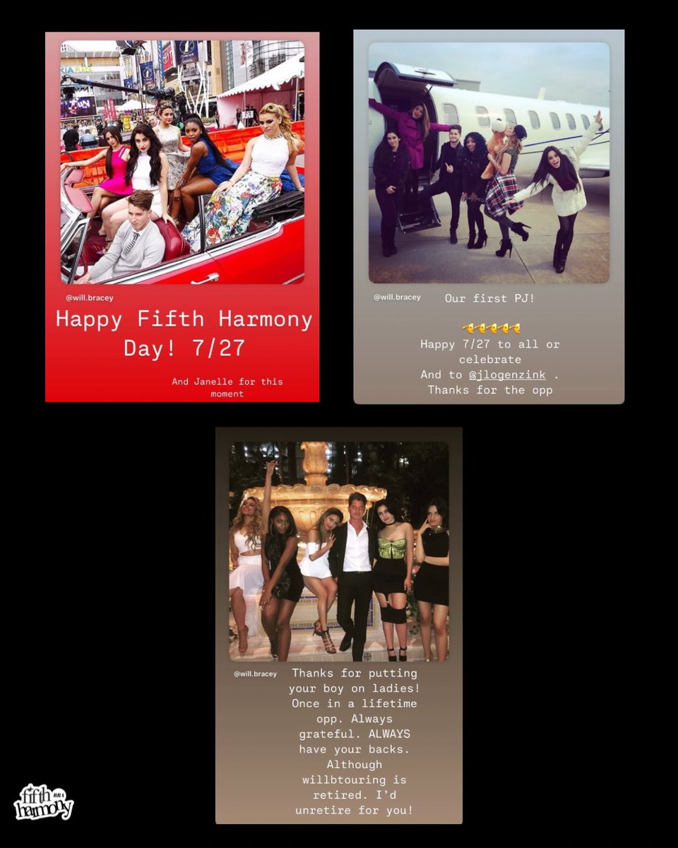 5HBrasil's tweet photo. Will Bracey via Instagram Stories:

“Feliz dia do Fifth Harmony! 7/27.”

“Nosso primeiro jato particular! 🛩️ Feliz 7/27 para todos que comemoram. E para @/jlogenzink, obrigado pela oportunidade.”

“Obrigado por me colocarem para trabalhar com as meninas! Foi uma oportunidade única na vida. Sou sempre grato. Sempre estarei do lado de vocês. Embora o @/willbtouring esteja aposentado, eu sairia da aposentadoria por vocês!”
