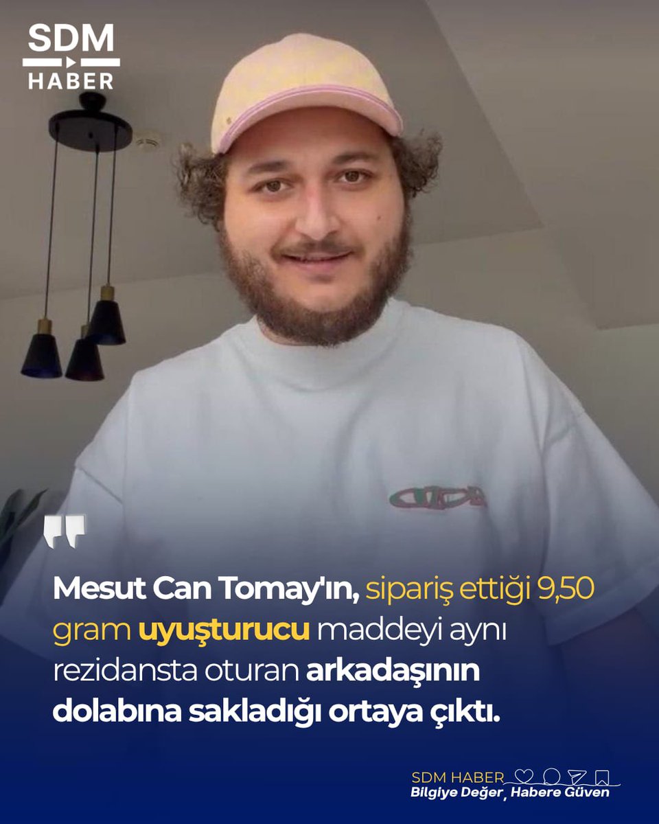 SDMHaber's tweet photo. Mesut Can Tomay'ın, sipariş ettiği 9,50 gram uyuşturucu maddeyi aynı rezidansta oturan arkadaşının dolabına sakladığı ortaya çıktı.

Tomay'ın, ünlülere yönelik uyuşturucu soruşturmasından korktuğu için böyle bir şey yaptığını söylediği öğrenildi.

Site görevlilerinin çantayı fark etmesi üzerine başka bir arkadaşını çağırarak çantayı aldırdığı belirlenen Tomay, gözaltına alındıktan sonra adli kontrol şartıyla serbest bırakıldı.