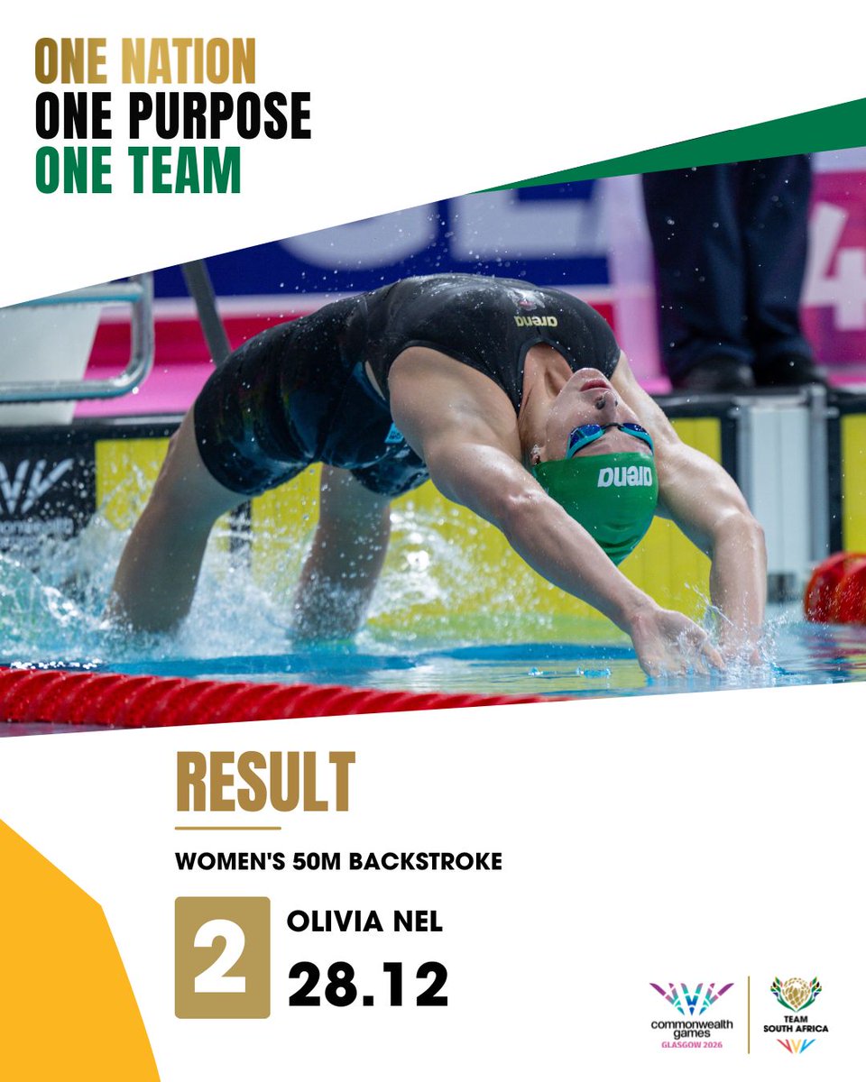 OfficialTeamRSA's tweet photo. Through to the Final! 🔥

A brilliant swim by Olivia Nel, clocking 28.12 to place 2nd in the Women’s 50m Backstroke semi-finals! Another shot at a medal in Glasgow!

#TeamSA #Glasgow2026 #CommonwealthGames https://t.co/B4tlWnDo3g