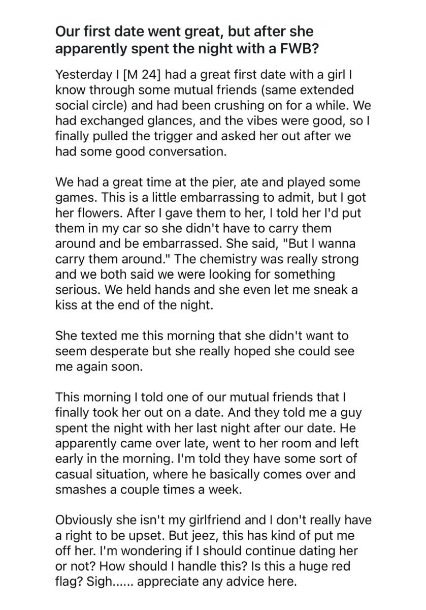 RealDianeYap's tweet photo. Fantastic way to test a man you're considering dating.

Ask him whether he'd prefer to be the guy who had a great first date, or the FWB guy.

The answer will reveal whether he values women more for emotional connection or for her holes. Most men care more about the holes. https://t.co/0vTO9dXjwW