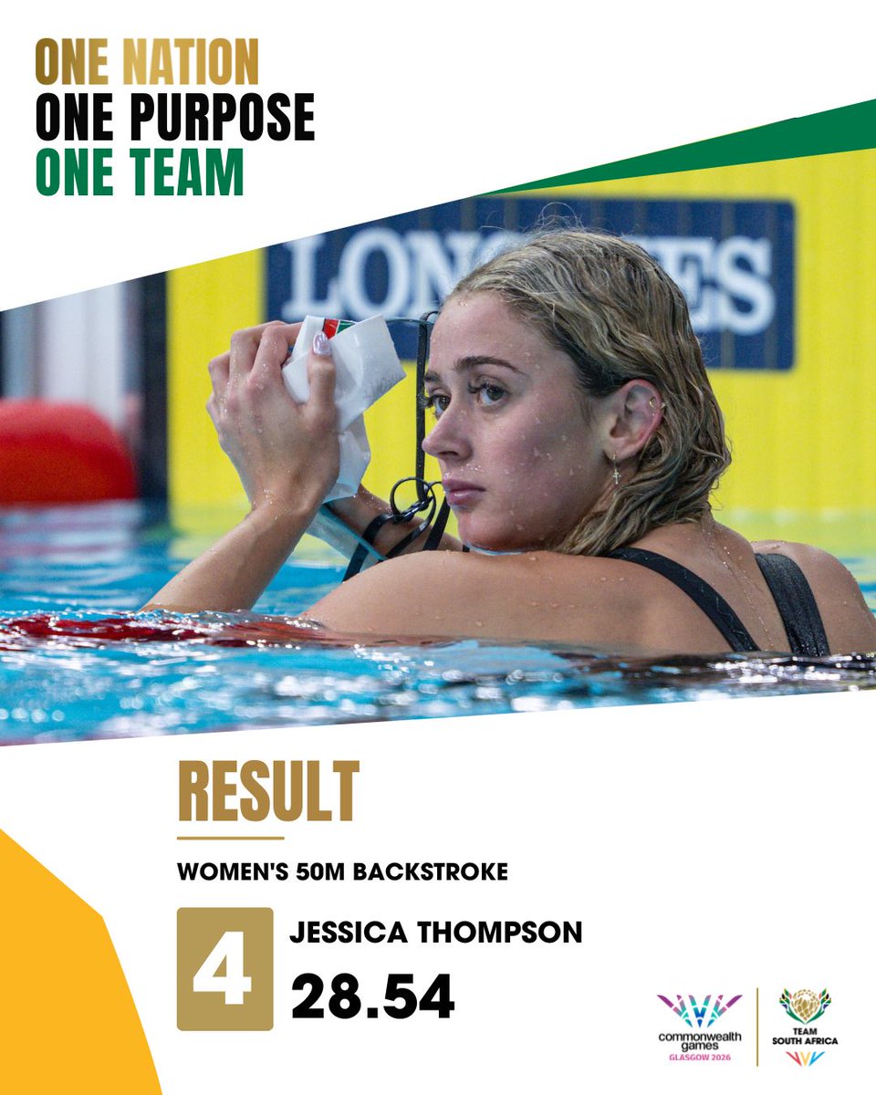 OfficialTeamRSA's tweet photo. INTO THE FINAL! 

Jessica Thompson touches in 28.54 to secure 4th in her semi-final and lock in her spot for the Women’s 50m Backstroke Final!

#TeamSA #Glasgow2026 #CommonwealthGames https://t.co/bPvHH0oF87