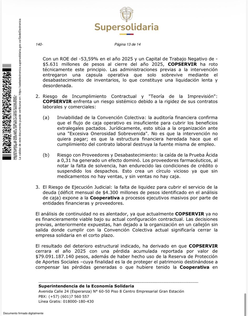 juanmartinbc's tweet photo. Drogas La Rebaja (Copservir) está al borde de la quiebra. 

La Superintendencia concluye que, bajo las condiciones actuales, la cooperativa ya no es financieramente viable, perdió su capacidad de operar como negocio en marcha y cumplir la convención colectiva significaría acelerar su cierre.

El informe advierte un déficit mensual de caja de $4.300 millones, pérdidas acumuladas por $79.091 millones en 2025, capital de trabajo negativo, desabastecimiento de medicamentos y riesgo de demandas masivas de acreedores.

Más de 5.500 trabajadores podrían perder su empleo.

Después de años de intervención, la situación no mejoró, se agravó.

@jrestrp @ABDELAESPRIELLA
