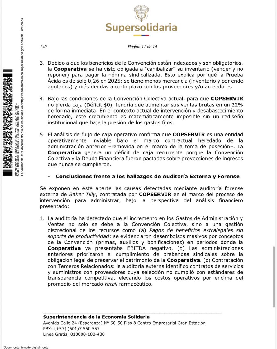 juanmartinbc's tweet photo. Drogas La Rebaja (Copservir) está al borde de la quiebra. 

La Superintendencia concluye que, bajo las condiciones actuales, la cooperativa ya no es financieramente viable, perdió su capacidad de operar como negocio en marcha y cumplir la convención colectiva significaría acelerar su cierre.

El informe advierte un déficit mensual de caja de $4.300 millones, pérdidas acumuladas por $79.091 millones en 2025, capital de trabajo negativo, desabastecimiento de medicamentos y riesgo de demandas masivas de acreedores.

Más de 5.500 trabajadores podrían perder su empleo.

Después de años de intervención, la situación no mejoró, se agravó.

@jrestrp @ABDELAESPRIELLA