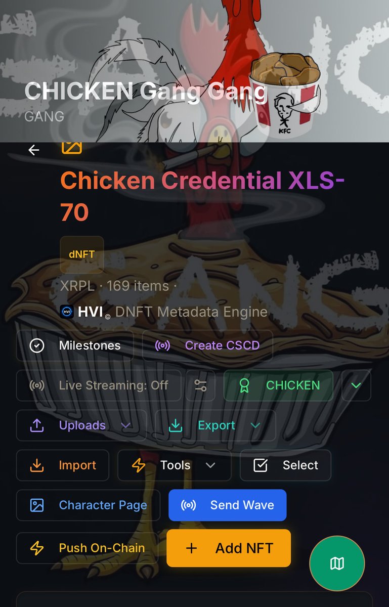 AdrianC86832115's tweet photo. WE CAN DO EASY…… but what is the fun in that…???

Taking a XLS-20 NFT and connecting to it a combination of verifiable XLS requirements. CHICKEN for example is a Static NFT, but now can attach a Dynamic Certificate that automatically travels with it. https://t.co/Vps8D77n8Y