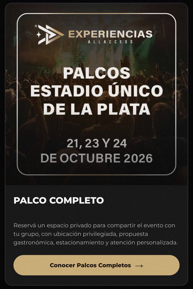 RiseOnBangtanAr's tweet photo. ¡ARGMY 🇦🇷!

Hoy se pusieron a la venta nuevas ubicaciones para los tres días de los shows de BTS en La Plata 👀

Son asientos preferenciales en palcos compartidos o palcos completos, que rodean todo el estadio. 

Pueden ver más información y precios en la página de All Access: https://t.co/9BEX0CcGIG

#BTS #방탄소년단 @BTS_twt @bts_bighit