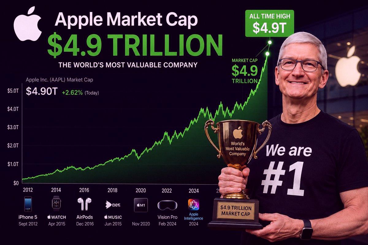 black_saku's tweet photo. Apple just took back the crown 👑 $AAPL is now the world's most valuable company again, beating Nvidia with a market cap over $4.9 trillion. Huge milestone 📈🥳 https://t.co/FnnmkQ8fzA