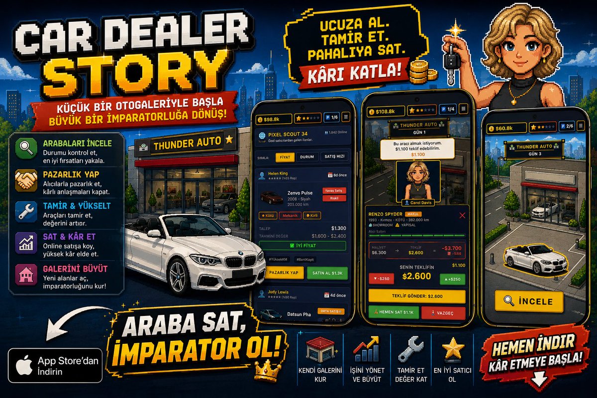 BugrahanKok's tweet photo. 🚗 Araba al/sat “Car Dealer Story: Idle Tycoon” meraklıları için AI ile geliştirdiğimiz oyunumuz şu an storeda.
🚗🤖
Geliştirme sürecini de paylaşacağımız oyunumuzu deneyip, yorumlamanızı isteriz.
#AI #appstore #mobilgame https://t.co/2pJFyt5Pbh