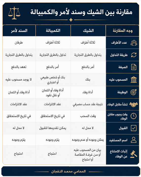 AlnafjanLaw's tweet photo. 📌 مقارنة بين الشيك وسند لأمر والكمبيالة.

ـ #محامي https://t.co/jft12yiwFm
