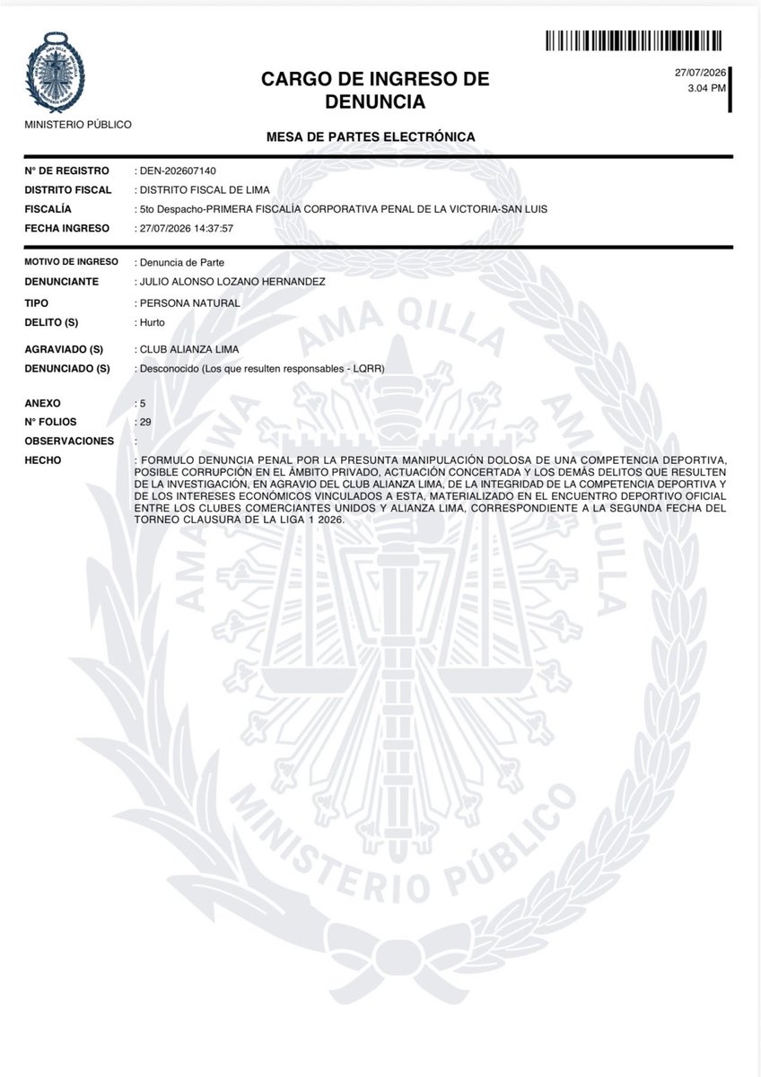 SociosAL1901's tweet photo. ¡ALIANZA SE DEFIENDE!

Nuestro consocio @JulioALonso1901, ha denunciado penalmente a la terna arbitral del partido contra Comerciantes Unidos, además, a los encargados del VAR, presidente de la CONAR y a Agustín Lozano en su condición de presidente de la FPF, POR LA PRESUNTA MANIPULACIÓN DOLOSA DE UNA COMPETENCIA DEPORTIVA, POSIBLE CORRUPCIÓN EN EL ÁMBITO PRIVADO, ACTUACIÓN CONCERTADA Y LOS DEMÁS DELITOS QUE RESULTEN DE LA INVESTIGACIÓN, EN AGRAVIO DEL CLUB ALIANZA LIMA.

Basta de apelar a sanciones medianas y con poca repercusión, aquí hay indicios suficientes para suponer la existencia de una presunta organización criminal y debe investigarse a profundidad.

#AlianzaSeRespeta
#AlianzaSeDefiende
#ArribaAlianza