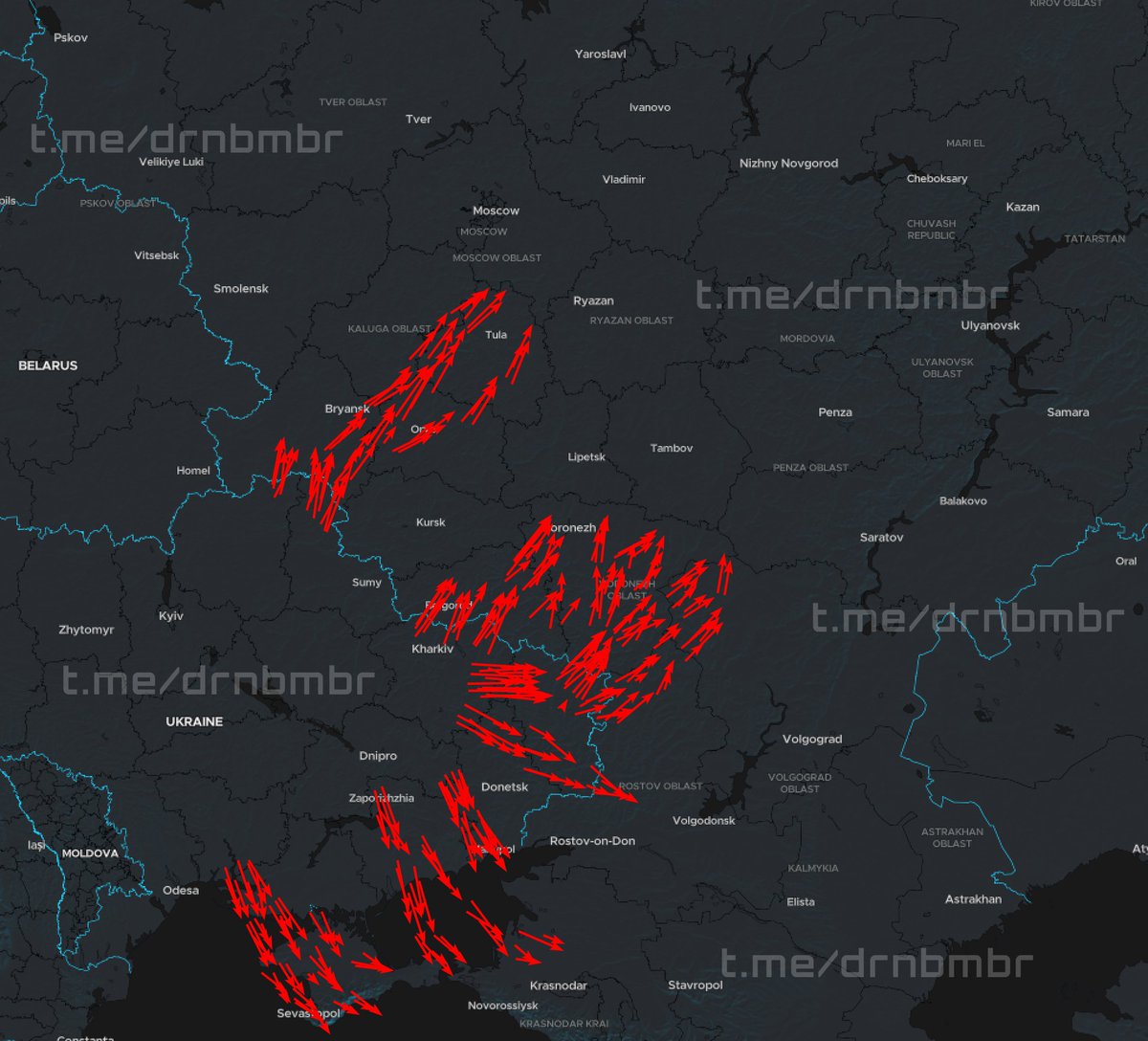 DrnBmbr's tweet photo. 🇺🇦23:20 | 27/07

Approximate flight routes of our UAVs:

🔴 Red arrows — directions of strike UAV movement;

According to Russian sources, around 340 drones were reported, though these estimates and the displayed routes remain highly approximate. https://t.co/GY0rqzhgSH