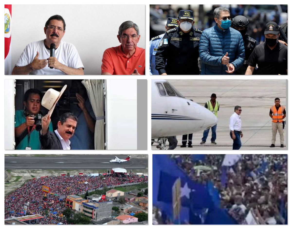 EnriqueReinaHN's tweet photo. No es lo mismo, parece una tragicomedia bizarra, ni aunque lo sueñen o lo pretendan fabricar en una falsa versión. @manuelzr es un Expresidente que fue víctima de un « ilícito internacional » un crimen constitucional del cual JOH fue parte en el CN cómo Jefe de Bancada del PN, Mel fue respaldado por todas las naciones del mundo que condenaron el golpe de 2009 en la ONU, OEA, UE, y todos los foros. Regresa porque Honduras estaba expulsada de la OEA, se dieron acuerdos políticos y se demostró que sus casos fuero fabricados políticamente en Honduras por un MP y una CSJ politizada. JOH sale por una extradición que el mismo reformó, aprobada por una CSJ que el mismo nombró y fue condenado por u gran jurado en EE.UU. Que lo solicitó, los demás involucrados siguen sus condenas, se dio un caso formal que expuso hasta los fraudes electorales de 2013 y 2017. Ahora regresa; si todo hondureño tiene derecho a regresar a honduras, así cómo Mel no debía haber sido expatriado o exiliado ilegalmente o ninguno de los que vivieron fuera los 16 años del Cariato, o los que salimos cuando el Golpe o los que se han exiliado ahora. Ahora JOH retorna a un país en el que su Partido gana con elecciones intervenidas y buen ya todos sabemos lo demás. Solo para aclarar a los que dicen que es lo mismo. En eso cómo siempre he dicho al tratar de igualarnos con el PN ellos ganan.  Pero NO SOMOS LO MISMO. Que Dios proteja a Honduras.