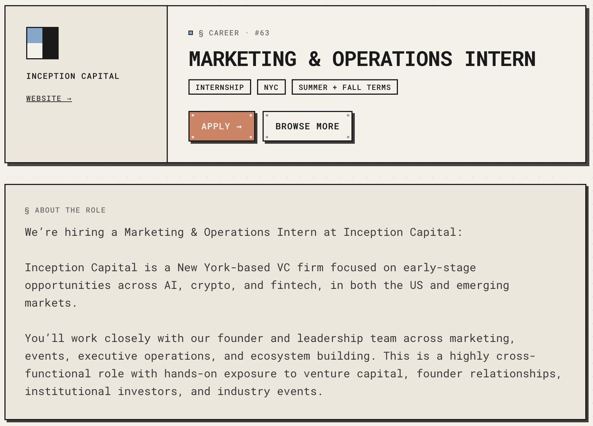 college_xyz's tweet photo. Inception Capital ( @_inceptioncap ) is hiring two interns in NYC to work at the intersection of AI, crypto &amp; fintech:

1) Investment Analyst
https://t.co/0R9gQDaB8K

2) Marketing &amp; Operations
https://t.co/N8K6mGBVaG

Full-time this summer + 3 days/week in the fall. https://t.co/rx2cR1kHts