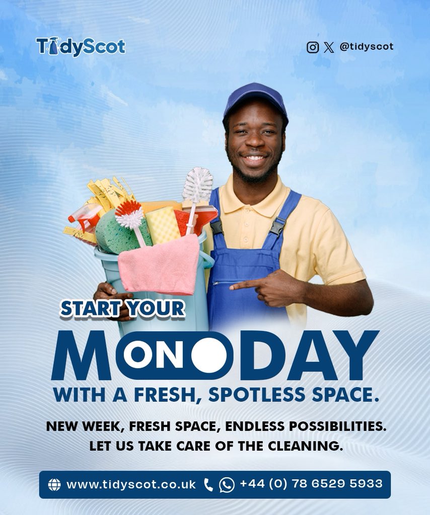 TidyScot's tweet photo. New Week, New Start!
Leave last week's dust and clutter behind, and step into a cleaner, fresher space. A spotless environment creates room for productivity, peace of mind, and new opportunities.

🧹 Book your cleaning service today and enjoy a fresh start!

#NewWeek https://t.co/Pr68yDt9Qk