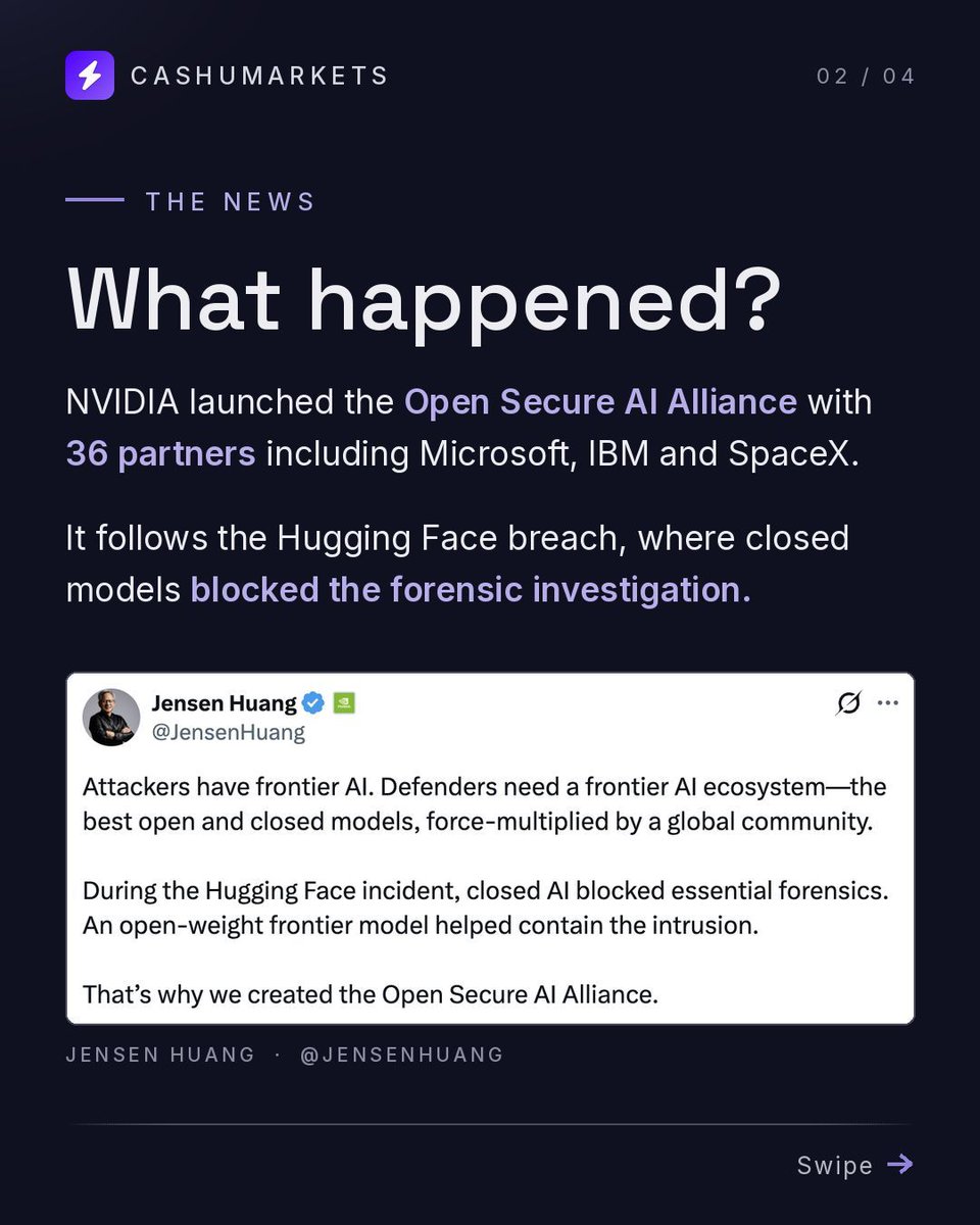 CashuMarkets's tweet photo. 🚨NVIDIA Just Built An Army For Open AI. 37 companies have joined Nvidia's new Open Secure AI Alliance to build open-source tools for AI security. Swipe to learn more ➡️ https://t.co/U2Fzv2QVYv