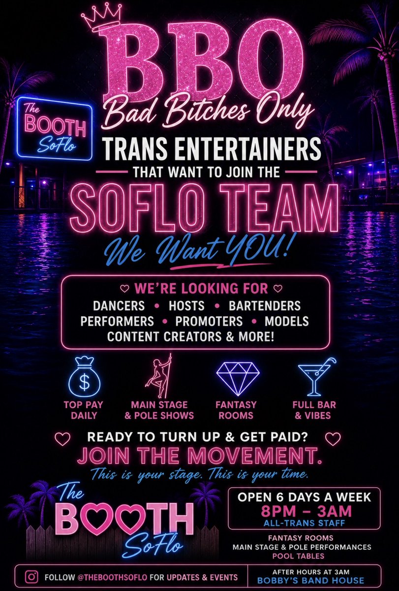 Kaydancemonique's tweet photo. 🚨 NOW HIRING TRANS ENTERTAINERS 🚨

Ready to perform, make money, and be part of an exciting team? We’re looking for confident, professional, and reliable trans entertainers to join our growing family at The Booth SoFlo.

✨ Great earning potential
✨ Safe, welcoming environment https://t.co/mHuvBvFsUv