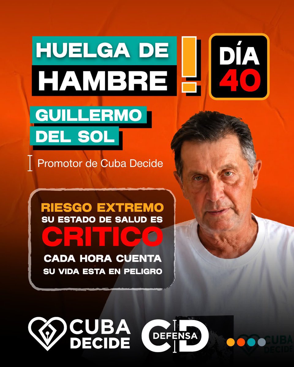CUBADECIDE's tweet photo. 🚨 Día 40 de huelga de hambre: Guillermo del Sol enfrenta un momento de máximo riesgo.

Guillermo del Sol Pérez cumple hoy 40 días en huelga de hambre, una protesta que mantiene desde su vivienda en Santa Clara para exigir la libertad de 18 presos políticos y de conciencia.

https://t.co/D0i6gsiLEh
#dedensaCD