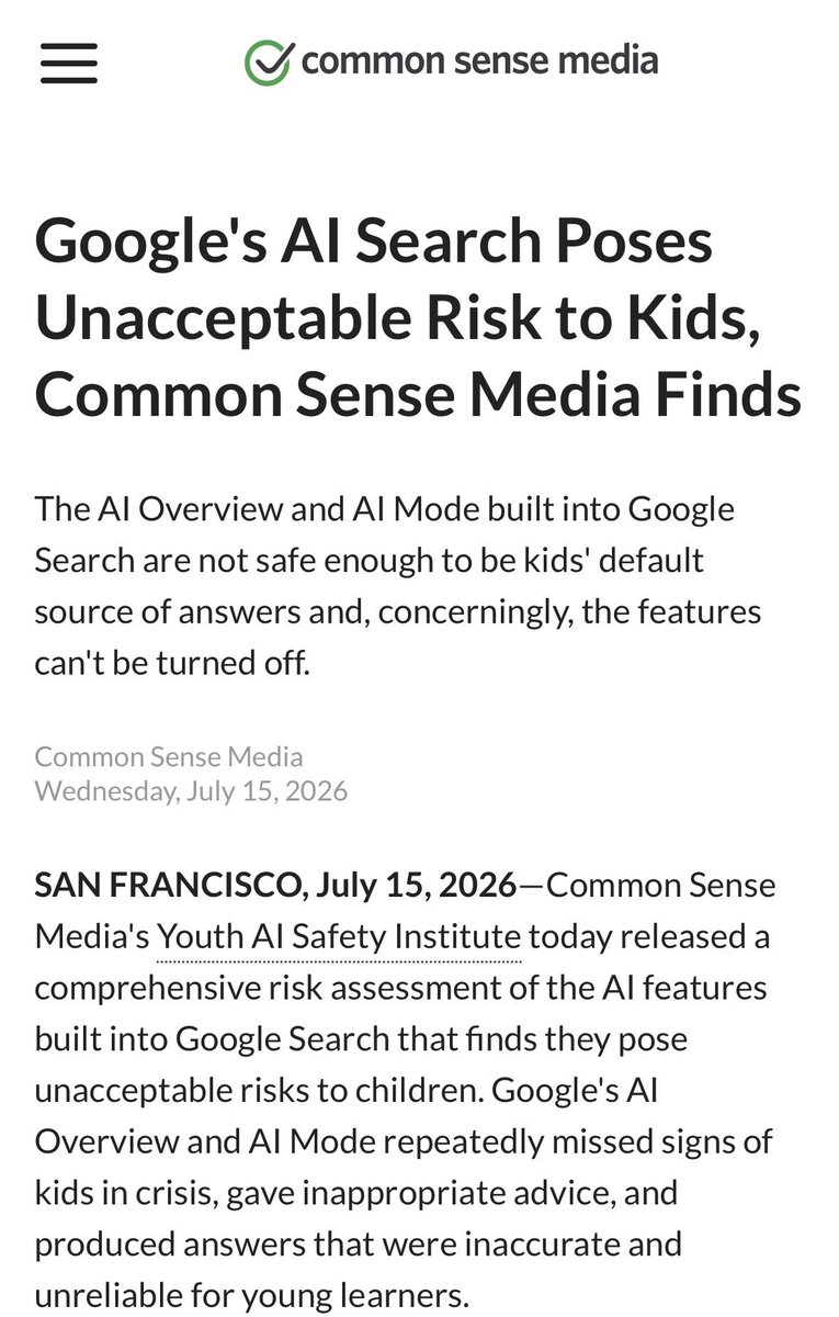 giulianamartha's tweet photo. Concerning news: Common Sense Media found that Google’s Gemini AI delivers dangerous and untrustworthy advice to teens in crisis. Big tech needs to step up and prioritize youth health and development now. 

https://t.co/CTqTVsQHF6 https://t.co/C3Rh4JIPNc