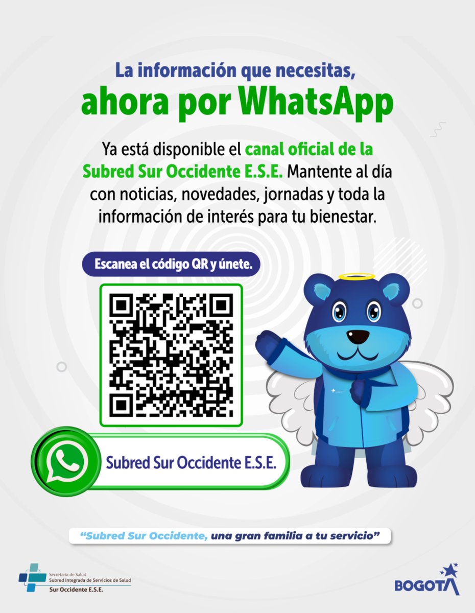 SubRedSurOcci's tweet photo. 📲 ¡Ahora es más fácil estar informado! Únete al canal oficial de WhatsApp de la Subred Sur Occidente E.S.E. y recibe en un solo lugar noticias, jornadas, campañas, recomendaciones e información de interés para el cuidado de tu salud y bienestar. Escanea el código QR y únete. https://t.co/YA5qj56mzE