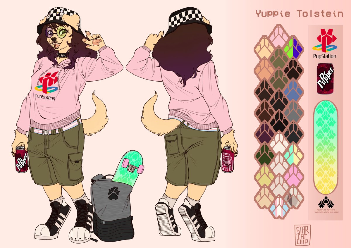 starcatchip's tweet photo. Yuppie Tolstein ref sheet for zolaaunderscore on bsky! 🐶🦴🛹💖💖💖 https://t.co/YFqCURls39