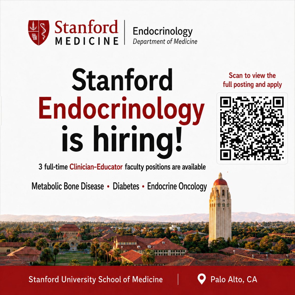 StanfordEndo's tweet photo. Stanford Endocrinology is recruiting 3 full-time Clinician-Educators—one each in metabolic bone disease, diabetes, and endocrine oncology.

Join us in advancing clinical care and medical education at Stanford Medicine.

Apply: https://t.co/tZyix8mOHq

#Endocrinology #FacultyJobs https://t.co/FqeLXm04Qx