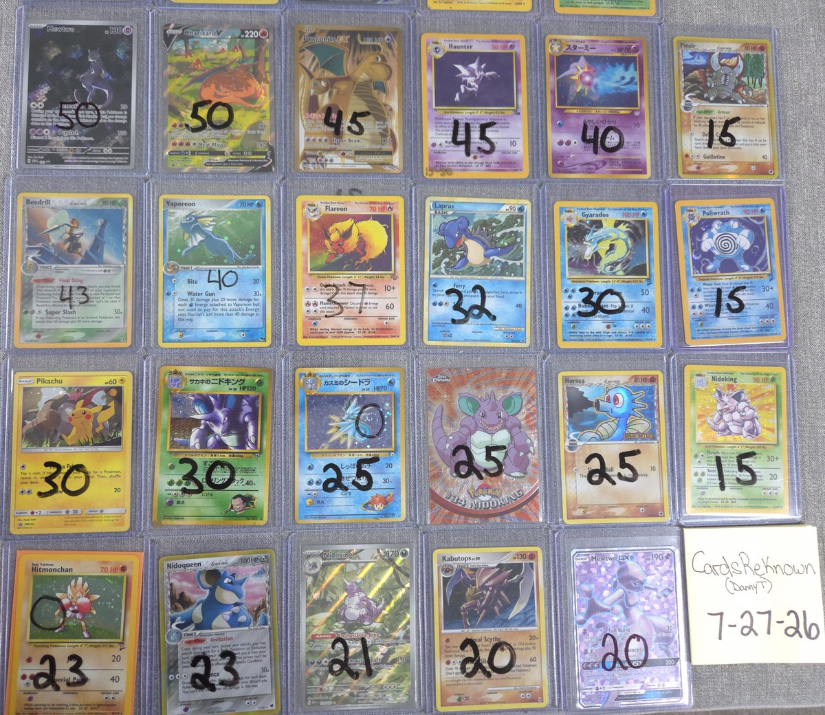 DnlTanner's tweet photo. **Pokémon Cards For Sale!**

Prices are marked on each card in the photo.

* Vintage & Modern
* English & Japanese
* Holos, EX, V, GX, Promo, Delta Species, Neo, Topps, Legend Maker

Comment or message me with the cards you want. First come, first served. Local pickup or shipping available.

Thanks for looking!

@BUYSELLTRADETCG
@PokemonBST @PokemonJosh2886 @benbuck346 @ThePokeMD @CardboardBanger