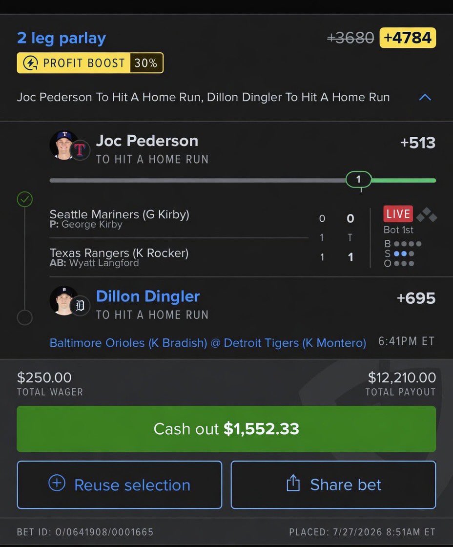 EmreYlm37798522's tweet photo. Dillon Dingler got us for this one! 💪🏼

✅ Joc Pederson (+513)
✅ Dillon Dingler (+695)

Need a win? ➡️ Link on my bio to get all plays 

#NBA #MLB #PrizePicks #fanduel #Draftkings #GamblingX @Playbook https://t.co/biWc2lvmX8