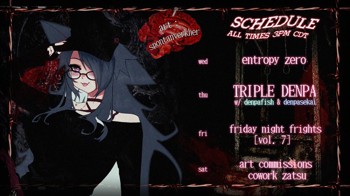 dizzydenpa's tweet photo. ❥・・ 𝖜𝖊𝖊𝖐𝖑𝖞 𝖘𝖈𝖍𝖊𝖉𝖚𝖑𝖊 ・・❥  07/29 → 08/01
 
♱ triple denpa collab w/ @denpafish &amp; @denpasekai 🕯️  3 cute girls talking about spooky stuff !!

♱ friday night frights [vol. 7] 📼

♱ art commissions cowork zatsu ✎ keep me company dayo..

see u soon ♡ ( ˙꒳​˙ ) https://t.co/KPt0hKAKJr