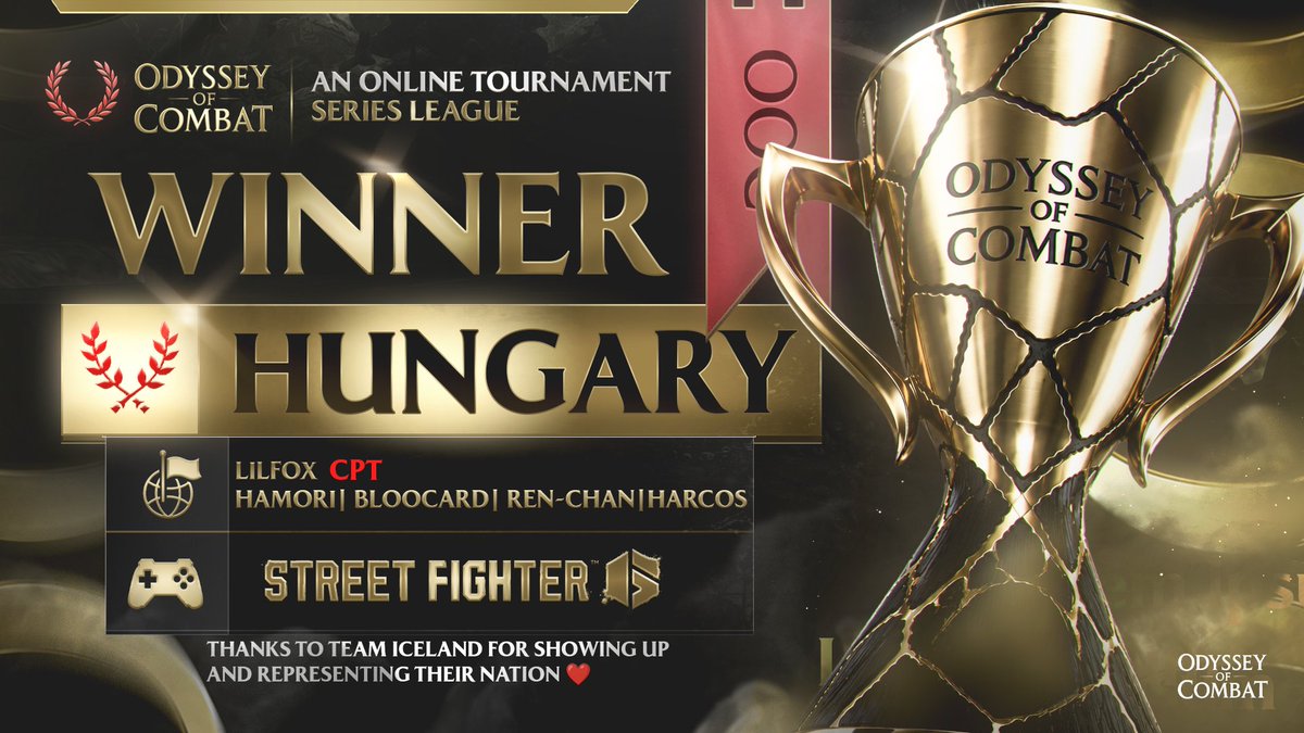 odysseyofcombat's tweet photo. Team Hungary 🇭🇺 wins the OOC SF6 Country Battle.
Congratulations to Hungary 🇭🇺 for defeating Iceland 🇮🇸 and taking the victory on the OOC stage.
Thank you to both teams for representing their countries and delivering a great battle. Shoutout to the Players!!

@Ren_ChanFGC | Hamori | Harcos | @LilFoxFGC | Bloocard

#fgc #sf6