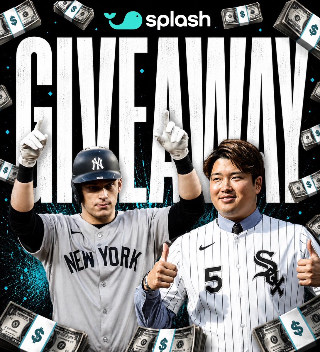 splashsports's tweet photo. 💵 $250 QuickPicks Voucher Giveaway! ⚾️

If Rice & Murakami both get a hit, we'll split $250 in QuickPicks Vouchers between 5 people who correctly predict the winner and score of tonight's Yankees-White Sox game 🤝

To enter ⬇️

1. Like & repost this post 🩵
2. Comment your score prediction for the game 💬