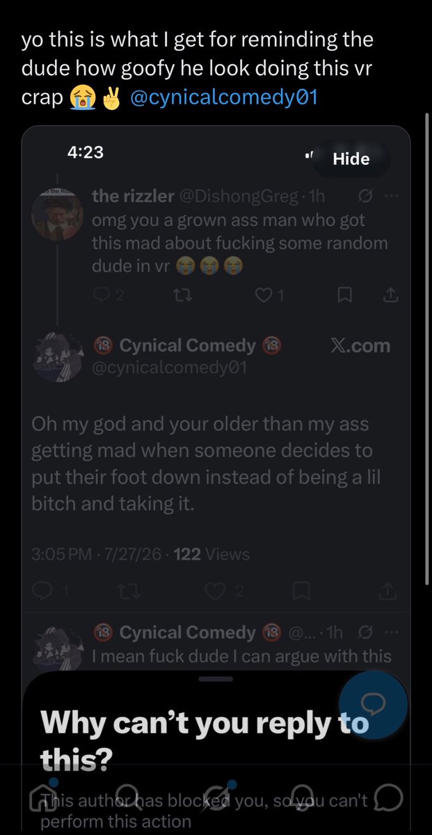 TheTruthRL7's tweet photo. @cynicalcomedy01 @DishongGreg @W1N73R_7R493DY brother you blocked him too? crazy work man https://t.co/J4iQUeXx1f