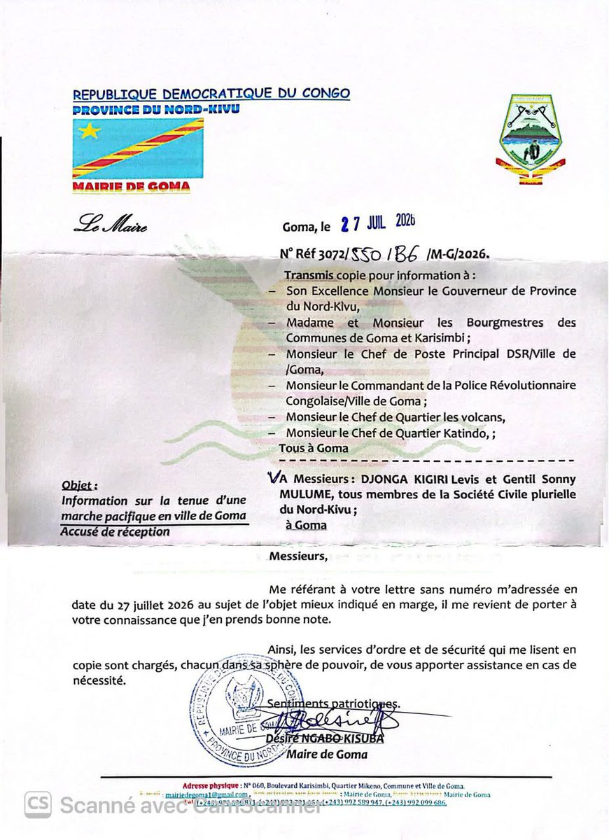 michombero's tweet photo. #Goma -#Bukavu : Selon ce document, la marche annoncée dans les zones occupées par les rebelles de l’AFC/M23 est présentée comme une initiative de la société civile.

Cependant, dans cette vidéo filmée il y a quelques minutes dans la ville de Goma, Célestin Mpano affirme que personne dans les zones occupées n’a le droit d’entreprendre une autre activité avant la fin de la marche. Il ajoute que des véhicules ont été mobilisés par les rebelles pour transporter les manifestants jusqu’au lieu du rassemblement.

« Des calicots ont été imprimés avec des messages de soutien à l’AFC/M23, dénonçant les sanctions visant les rebelles et réclamant la fin des massacres à Beni, critique le gouvernement Congolais et le Président Félix Tshisekedi, … », affirme une source interne.
