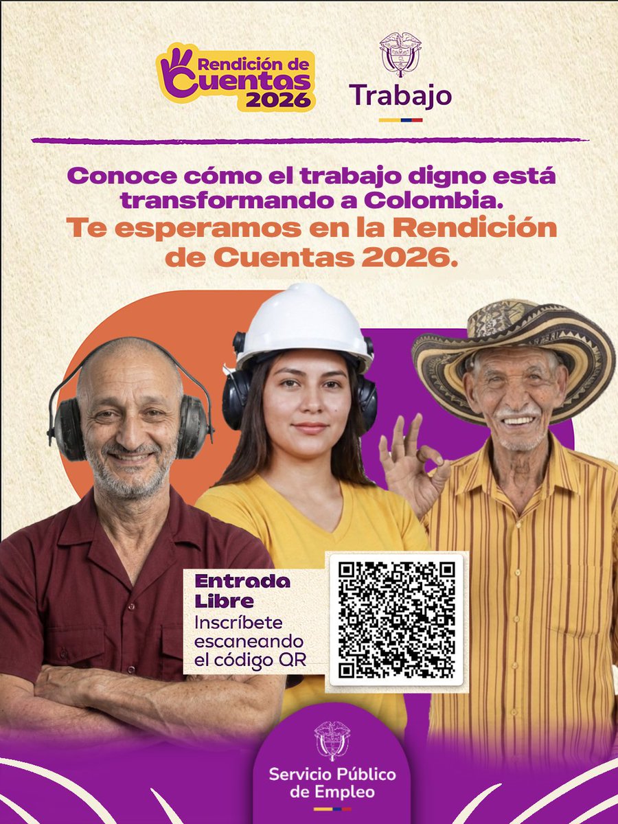 ServiciodEmpleo's tweet photo. 📢 ¡Tu participación es importante!

Desde la Unidad Administrativa Especial del Servicio Público de Empleo te invitamos a participar en la Rendición de Cuentas 2026 del sector trabajo.
Escanea el código QR, inscríbete, asiste y participa 
¡Te esperamos! https://t.co/hq6dL5801N