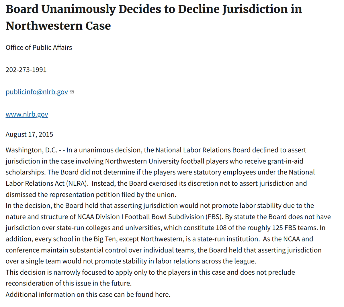 SportsBizMiss's tweet photo. I'm not sure why people want to argue with me today about whether it matters that Stanford is private while most of its conference peers are public. The NLRB clearly considered this in the Northwestern case years ago. That's not to say there can't get a different outcome next time, but it 100% played a role in the Northwestern case.