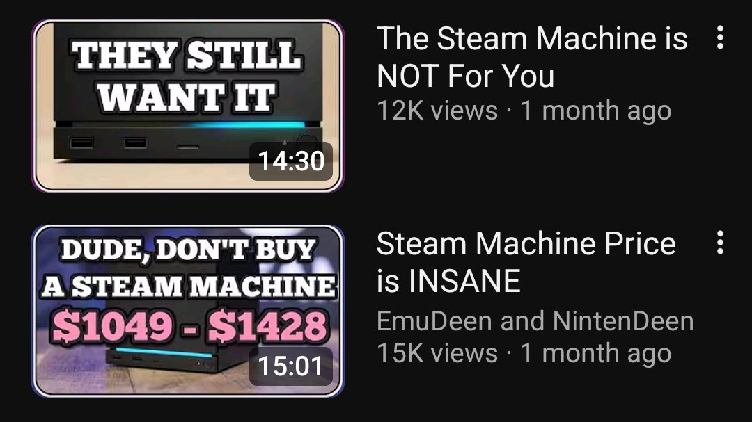 KirbyEnder's tweet photo. @NintenDeenYT just when I thought you couldn't be more pathetic you just prove you can always be, the steam machine that cost over 1000$ that pales in comparison to the current gen consoles (which he compares them in his vid) and gaming PC which can also reach for around the 1500$ range yet you bought the console while giving flack for nintendo to sell stuff in half the price acting like they putted unfair prices on everything. "And for anyone saying why you calling him out" guess what he literally said in the exact same channel in two videos the steam machine isn't for us and is a scam yet he decided to buy it yet acting like getting a switch 2 is a crime I am just exposing the sheer hypocritsy deen brought on himself. And for proof