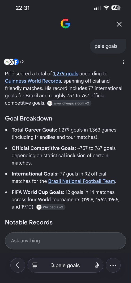 NathanielMazani's tweet photo. According to a simple google search pele has only 757 - 767 competitive goals the rest are preseason and training  goals https://t.co/y01pOpzz7W