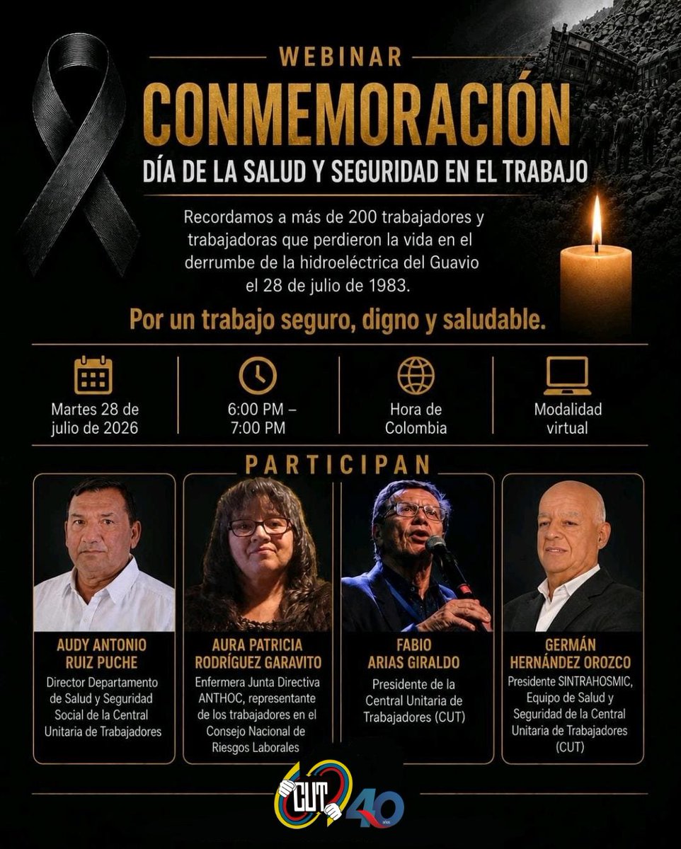 cutcolombia's tweet photo. El  28 de julio se conmemora  el Día Nacional de la Salud y Seguridad en el Trabajo en Colombia, sea este un momento para reflexionar y sensibilizar conjuntamente para avanzar en la lucha por la protección de los trabajadores en el marco de la seguridad y salud en el trabajo y el bienestar de los trabajadores.

Los invitamos a que nos sigan a través del  Facebook Live: A Fondo con la CUT.

📅 Martes 28 de julio
⌚ 6 a 7 pm
En vivo por el Facebook y YouTube: CUT Colombia