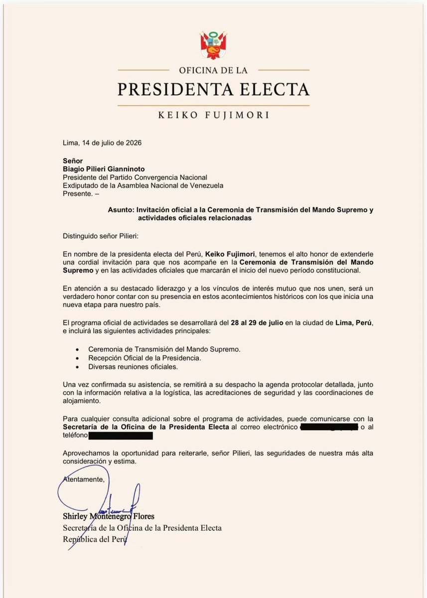 BiagioPilieri's tweet photo. Quiero expresar mi sincero agradecimiento a la amiga y Presidenta Electa de Perú, Keiko Fujimori @KeikoFujimori y a su equipo por su distinguida y cordial invitación a la ceremonia oficial de Transmisión del Mando Supremo. 

En esta oportunidad me resulta imposible acompañarle en la ciudad de Lima, debido al compromiso ineludible que nos mantiene en Venezuela, tras los eventos sísmicos del 24 de junio. La emergencia nacional requiere nuestra dedicación a tiempo completo.

No obstante, ratifico nuestro compromiso con los valores democráticos que unen a la región. Al pueblo peruano y a su nueva Presidenta, les deseo una gestión próspera que impulse el bienestar de su gente, fortaleza las relaciones bilaterales entre nuestros países hermanos, y siga integrando a los miles de migrantes que hoy tienen como segundo hogar al Perú 🇵🇪🤝🏻🇻🇪