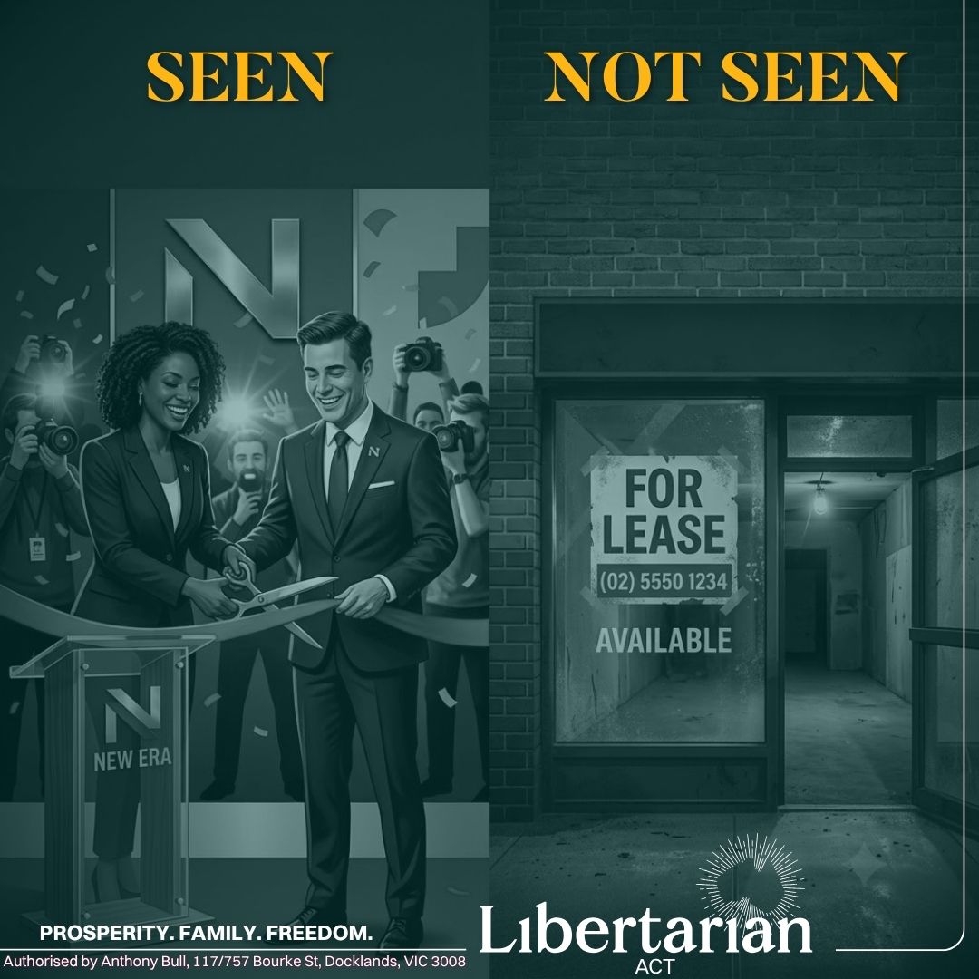 libertarianact's tweet photo. Every spending announcement has two halves: the ribbon cutting you see and the businesses that never started because that money was taxed away first. That's worth remembering next time you see one. #Canberra #LibertarianACT #SmallGovernment https://t.co/RPVkuOv7gM