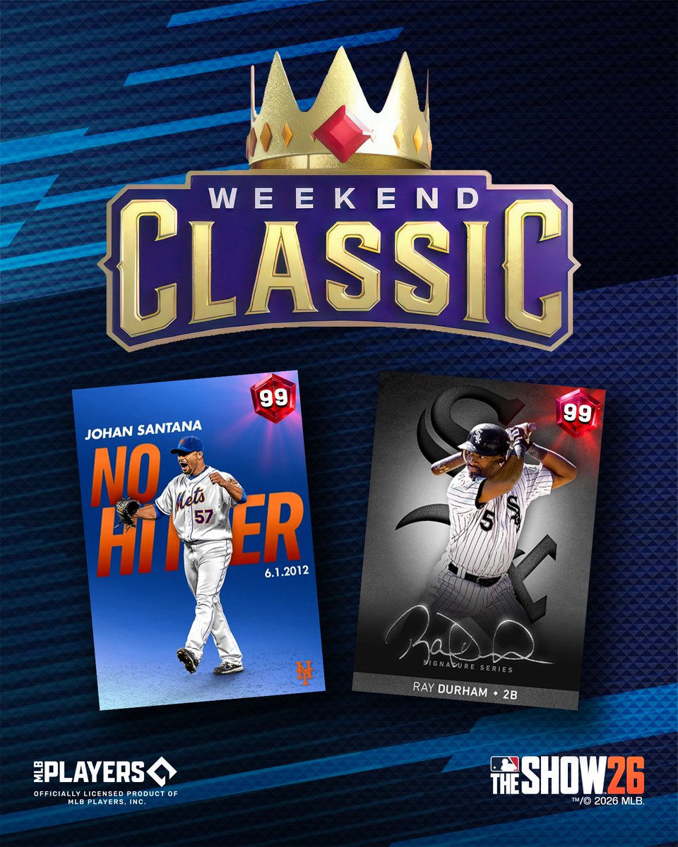 MLBTheShow's tweet photo. Start racking up the Ws around noon PT and earn:

🔥 Milestone Johan Santana
�� Signature Ray Durham

👑 Step into Weekend Classic and prove you’ve got what it takes! 👑 https://t.co/SkySyYaw1G
