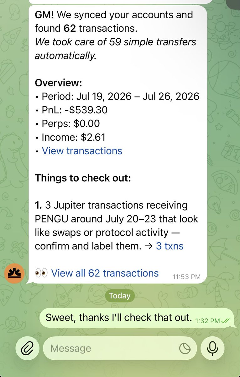 big_duca's tweet photo. Everyone could benefit from having an accountant.

But most can’t afford one. So, Awaken is gonna take a crack at it.

If you’re interested in a TG based crypto accountant that can…

- Flags things throughout the year (so taxes are easy) ⛳️

- Helps look into issues with your books (to keep them clean) 🔎

- Gives you tips on how to potentially minimize taxes 🎩

Shoot us an email beta@awaken.tax