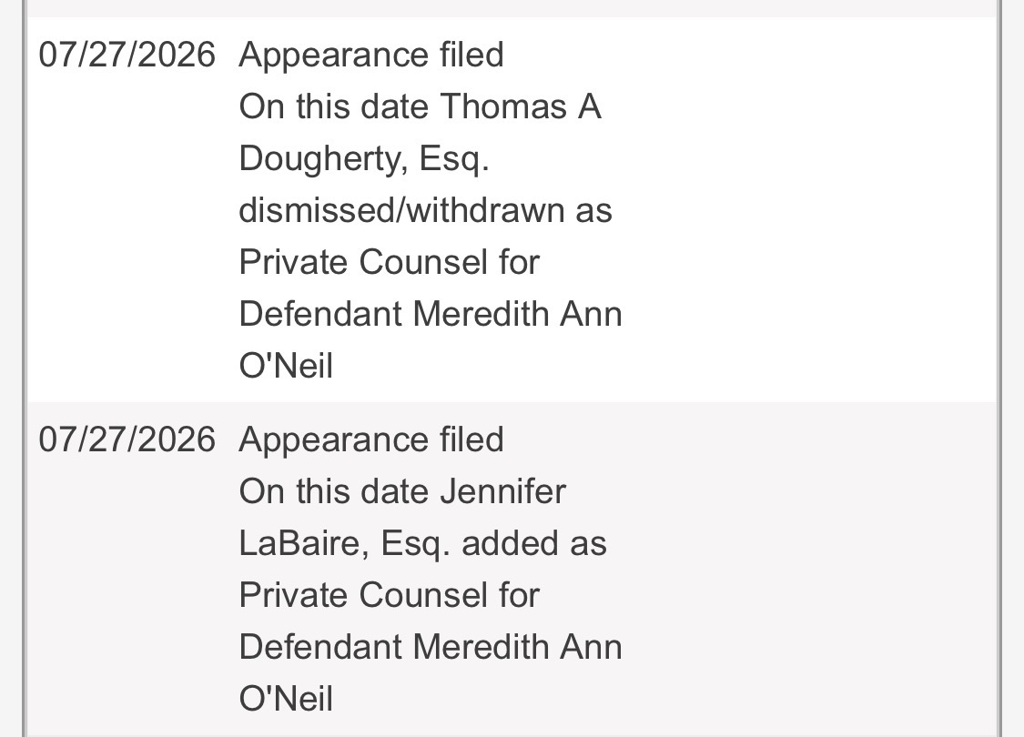 KyleSharkey8's tweet photo. CW v Meredith O’Neil

Thomas A Dougherty, Esq. dismissed/withdrawn as
Private Counsel

Jennifer LaBaire, Esq. added as Private Counsel https://t.co/WyrXbLBL5m