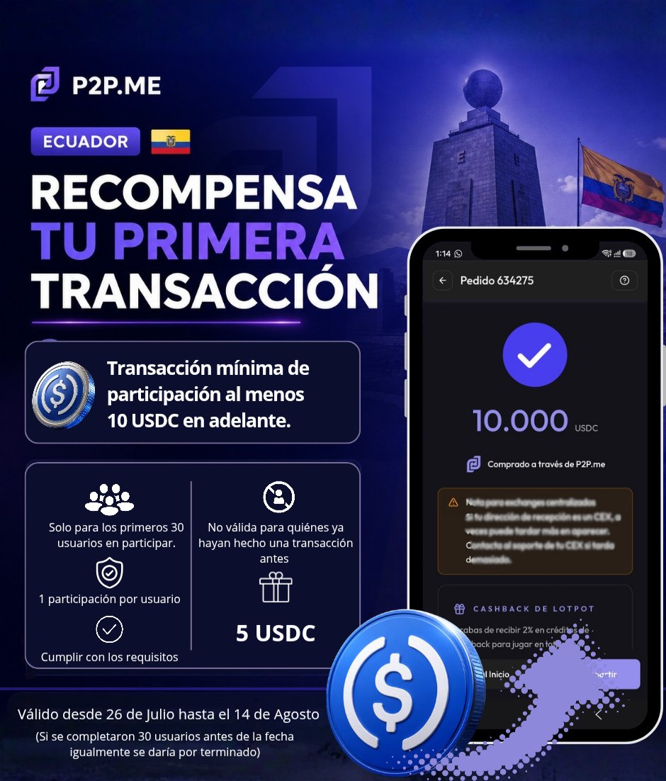 P2Pdotme_Ecu's tweet photo. 🚀 ¡https://t.co/RlIYzucOq9 Ecuador recompemsa tu primera transacción! 🇪🇨

Si a partir de hoy realizas tu primera transacción de al menos 10 USDC (o más), puedes recibir una recompensa única 5 USDC.

🤔 ¿Quién ganará?

Los primeros 30 usuarios que realicen por primera vez una transacción de al menos 10 USDC o más, y sigan los pasos.

¿Cómo participar? 😱

✅ Siguenos @P2Pdotme_Ecu 
✅ Únete a nuestra comunidad de Telegram.
https://t.co/cgZOqiyyY4
✅ Completa tu verificación.
✅️ Comparte el Screenshot de tu transacción válida en los comentarios.
✅ Invita a 2 amigos a unirse.

👀 Premio único por la primera transacción del usuario.

🗓️ Válido del 26 de julio al 14 de agosto.

📌 Importante: Es una recompensa fija de 5 USDC para quienes cumplan los requisitos.

¡No dejes pasar esta oportunidad y comienza a usar https://t.co/RlIYzucOq9! 🚀