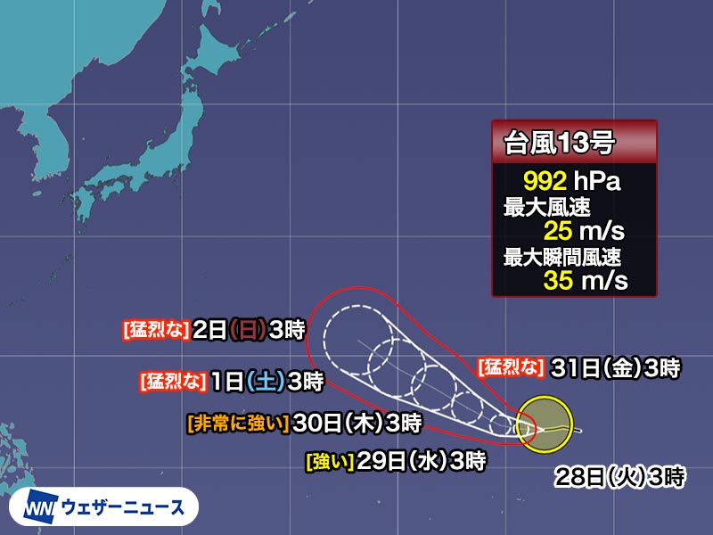wni_jp's tweet photo. 【台風情報】
7月28日(火)3時現在、台風13号(ドルフィン)はマーシャル諸島を西に進んでいます。31日(金)にはウェーク島近海で猛烈な勢力となる予想です。  まだ日本からは遠いものの、8月上旬に国内に影響がでる可能性が否定できません。今後の進路に注意してください。
https://t.co/8VmQE995jX https://t.co/hLlin7mayS