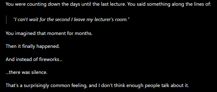 BimSendPie's tweet photo. The GPT's life counseling strikes again. https://t.co/bsvhu0AVty