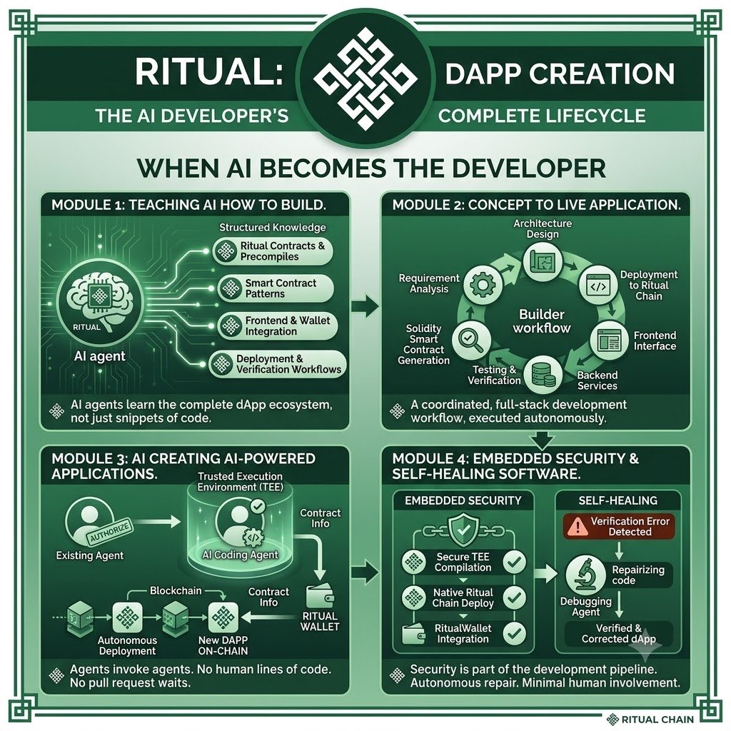 JamesJa43782392's tweet photo. When AI Becomes the Developer: Ritual’s Vision for Autonomous dApp Creation

The next evolution of AI isn’t just about writing better code, it’s about building complete applications from start to finish without relying on human developers.

Ritual is pushing this idea further by giving AI agents the ability to design, develop, deploy, verify, and even maintain decentralized applications autonomously. Instead of acting as coding assistants, these agents become full-stack builders capable of delivering production-ready software on Ritual Chain.

Teaching AI How to Build

At the heart of this system is a collection of structured knowledge that enables AI agents to understand the Ritual ecosystem.

Rather than memorizing snippets of code, agents learn:

* Ritual’s system contracts and precompiles.
* Smart contract development patterns.
* Frontend integrations and wallet interactions.
* Deployment workflows.
* Testing and verification procedures.

When given an application idea, the agent studies only the knowledge required for that specific project before planning the entire architecture. It may ask a handful of clarification questions, then begins building independently

From Concept to Live Application

The development process follows a complete lifecycle rather than isolated coding tasks.

An autonomous builder agent can:

* Analyze the project requirements.
* Design the application’s architecture.
* Generate secure Solidity smart contracts.
* Build the frontend interface.
* Configure backend services.
* Execute testing.
* Deploy directly onto Ritual Chain.
* Verify that every component works correctly.

What traditionally required multiple developers, DevOps engineers, and testers becomes a coordinated workflow executed by AI.

AI Creating AI-Powered Applications

One of Ritual’s most fascinating concepts is allowing agents to create entirely new on-chain applications.

An existing autonomous agent can invoke another coding agent operating inside a Trusted Execution Environment (TEE). The coding agent then develops a decentralized application, compiles it securely, deploys it to Ritual Chain, funds the application’s wallet, and returns the deployed contract information.

No engineer writes a single line of production code.

No pull request waits for human approval.

The application is born entirely through autonomous execution.

Security Is Embedded Into Every Step

Autonomy without trust creates risk.

Ritual addresses this by making every critical action part of the blockchain’s native infrastructure.

Compilation occurs inside secure execution environments.

Deployments communicate directly with Ritual’s network.

Funding operations flow through the RitualWallet infrastructure.

Each deployment is validated before being considered complete, ensuring applications meet the required verification standards.

Rather than treating security as an external layer, Ritual makes it part of the development pipeline itself

Self-Healing Software

Software inevitably encounters bugs.

Instead of relying on developers to manually investigate failures, Ritual introduces autonomous debugging.

When verification detects a problem, a specialized debugging agent immediately begins recovery.

Its workflow includes:

* Identifying the category of failure.
* Running diagnostic tests.
* Comparing results against previously observed issues.
* Determining the root cause.
* Applying corrective changes.
* Re-testing the application to confirm the solution.

The result is software capable of repairing itself with minimal human involvementmm
A Smarter Development Workflow

Builder agents don’t load unnecessary information.

Instead, they dynamically select only the knowledge needed for each project, reducing complexity while improving efficiency.

maintenance.

As these systems mature, the role of developers shifts from writing every line of code to designing goals, constraints, and desired outcomes.

@ritualfnd