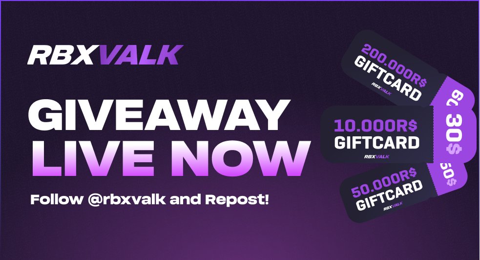 rbxvalk's tweet photo. 🚨 10,000 R$ GIVEAWAY IS LIVE! 🚨
Win a 10,000 R$ Gift Card by completing these steps:

- Follow @rbxvalk
- Repost this post
- Join our Discord: https://t.co/oGPDeIW4bj

Winner announced in 5 days.
Good luck everyone! 🎉 https://t.co/IdiJnBkJKk