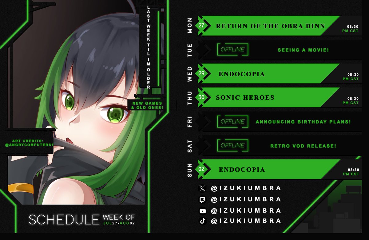 IzukiUmbra's tweet photo. Here it is! The ✨NEW SCHEDULE✨!
We’re finishing #ReturnofTheObraDinn then moving onto the new #Endocopia & a game I somehow missed all these years, #SonicHeroes!
Links Below⬇️
#vtuber #Youtube #twitch #VTuberUprising https://t.co/0KgUmprXNT
