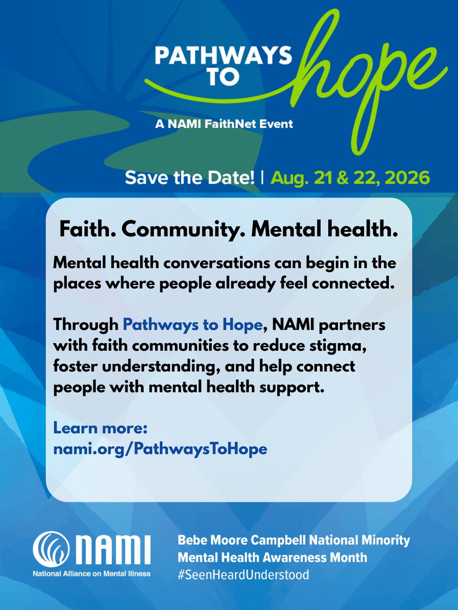 NAMICommunicate's tweet photo. Community can take many forms.

Through Pathways to Hope, NAMI partners with faith communities to encourage open conversations about mental health, reduce stigma, and connect people with support.
Because everyone deserves to feel seen, heard, and understood.

Learn more at https://t.co/7U7VLISow8.

#SeenHeardUnderstood #BebeMooreCampbell #MentalHealth