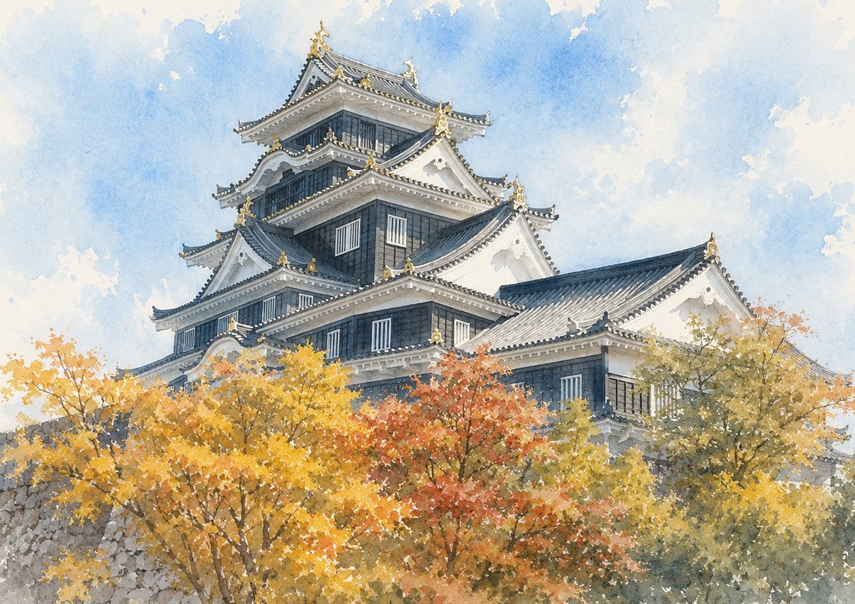 shirofukei's tweet photo. 宇喜多秀家によって整備された近世城郭
【岡山城】を水彩風に描きました
豊臣政権を支えた西国の要衝であり
黒い外観から「烏城（うじょう）」の別名を持ちます
note【水彩画と御城印で巡る 日本の名城40】
西国を治めた三つの城　岡山城、広島城、岩国城
（https://t.co/4Z8YjOzLgX） https://t.co/m0lwQF6pij